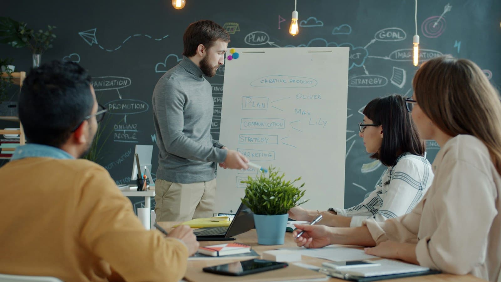 A team collaborating around a whiteboard in a modern office.