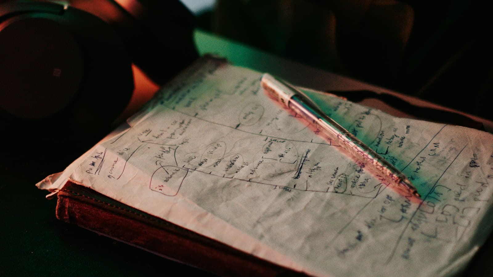 An open notebook with handwritten notes sitting on a desk.