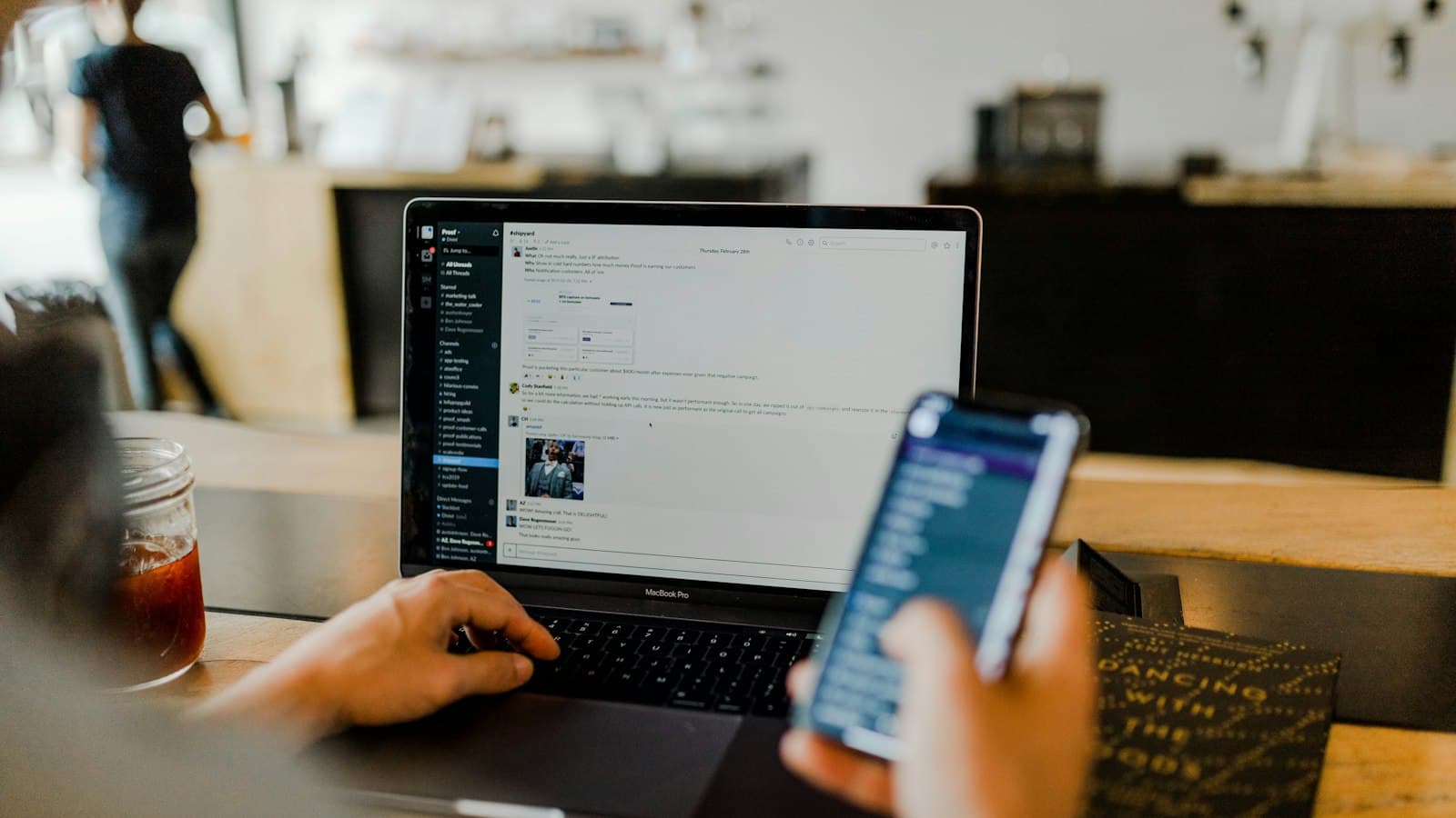 A Slack message thread with a team communicating on desktop and mobile.